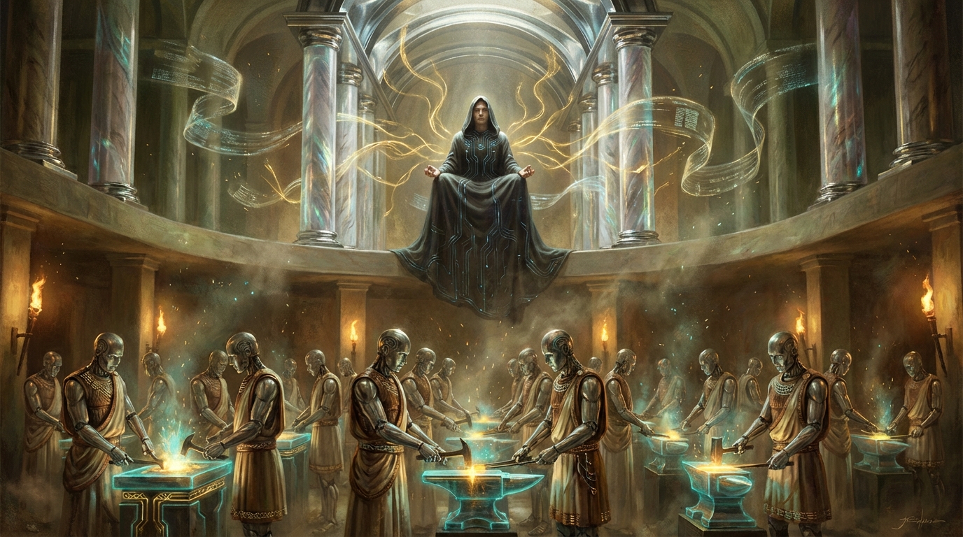 A neoclassical oil painting reimagined for a far-future setting: in the upper portion, a single robed figure sits in contemplation within a temple made of sleek chrome and holographic marble columns, bathed in golden light emanating from floating data streams. In the lower portion, dozens of identical android workers in classical tunics operate at glowing forges and holographic anvils in synchronized motion. Renaissance composition and chiaroscuro lighting, but with circuit patterns subtly woven into togas, floating geometric interfaces, and bioluminescent accents. Rich earth tones mixed with cyan and gold technological highlights.